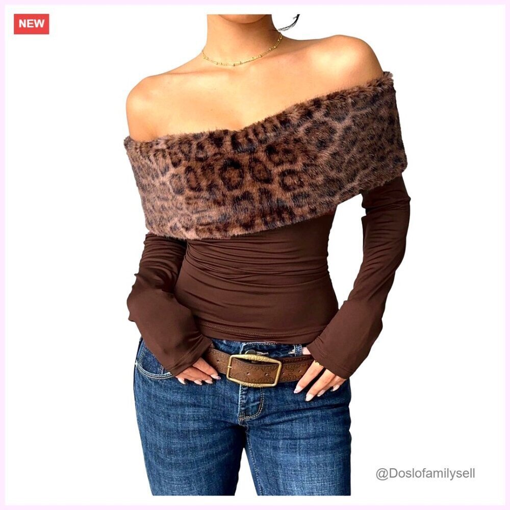 Faux Fur Off Shoulder Crop Top Long Sleeve Ruched Y2K Club Wear